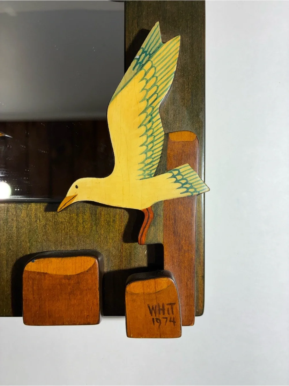 Vintage 1974 Signed WHiT Folk Art Wood Seagull Wall Mirror Hand Painted Decor